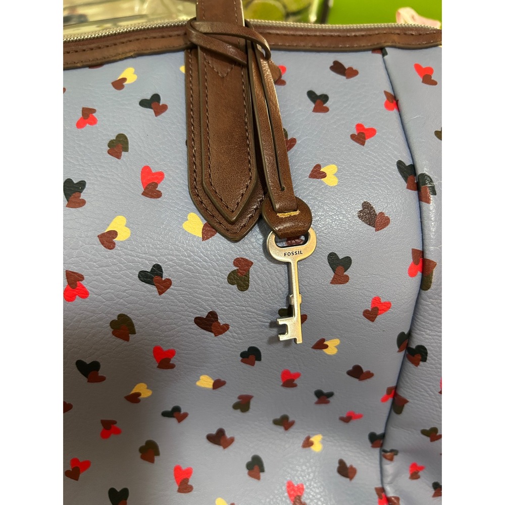 Fossil Heart Print Tote Bag Blue Brown Leather Trim Key Charm - Picture 4 of 7